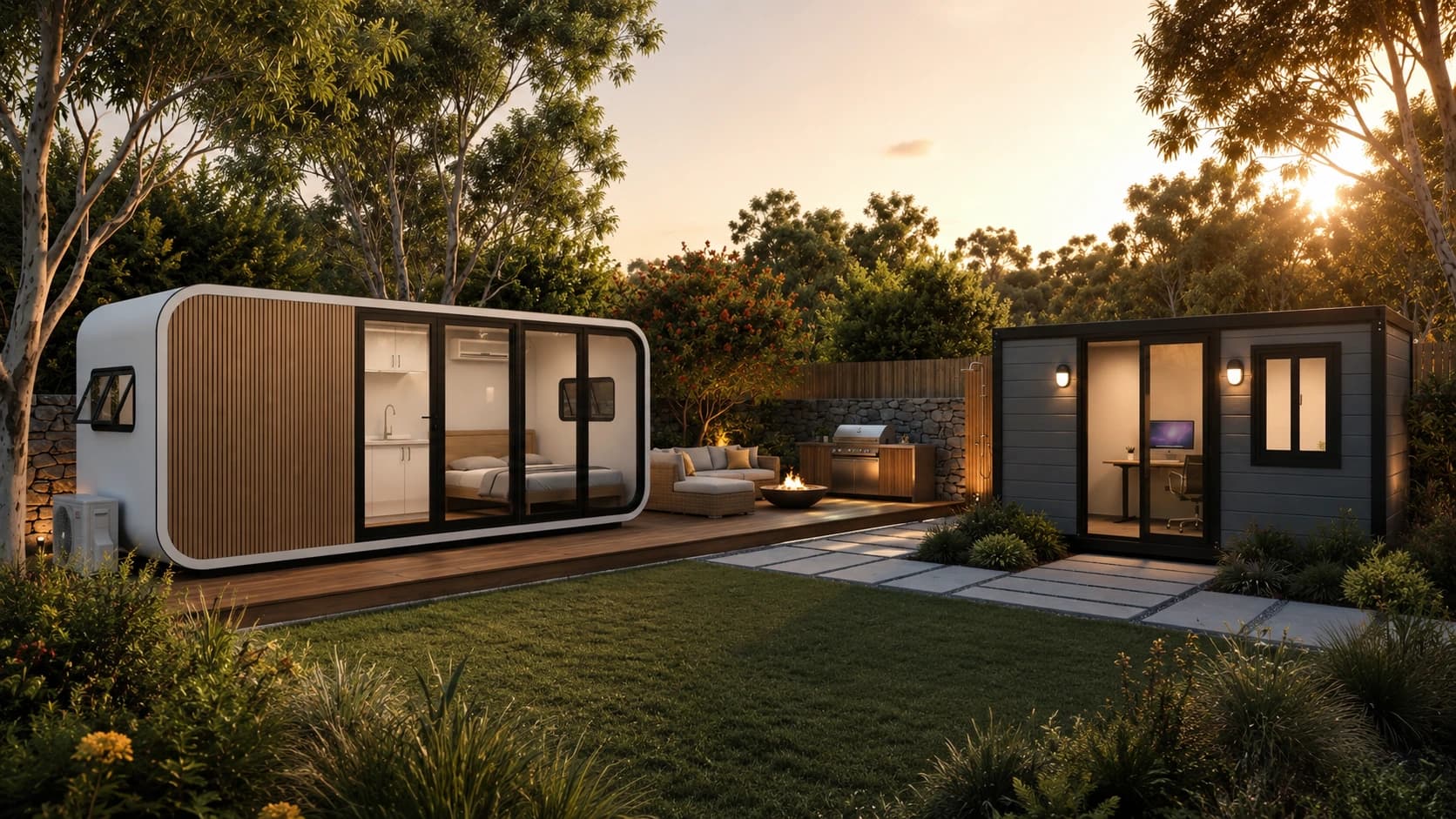 Two ModuHaus homes at golden hour with an outdoor lounge and fire pit