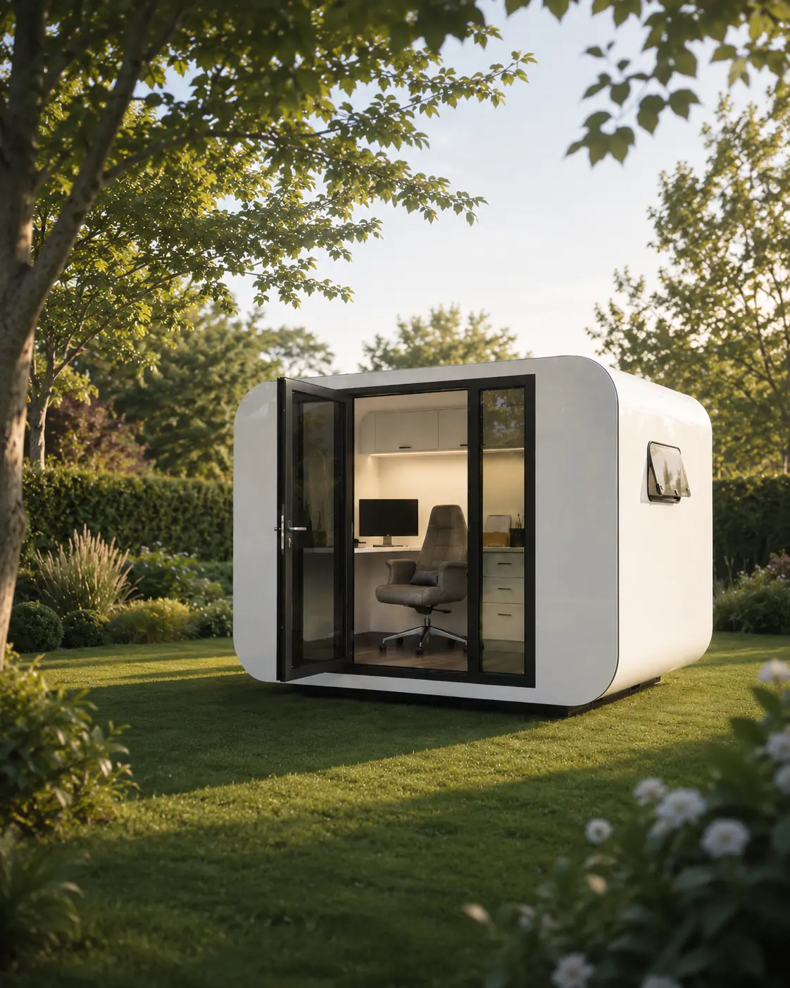 The 3m Backyard Office Pod open to a garden at golden hour, its desk and chair framed by the doorway