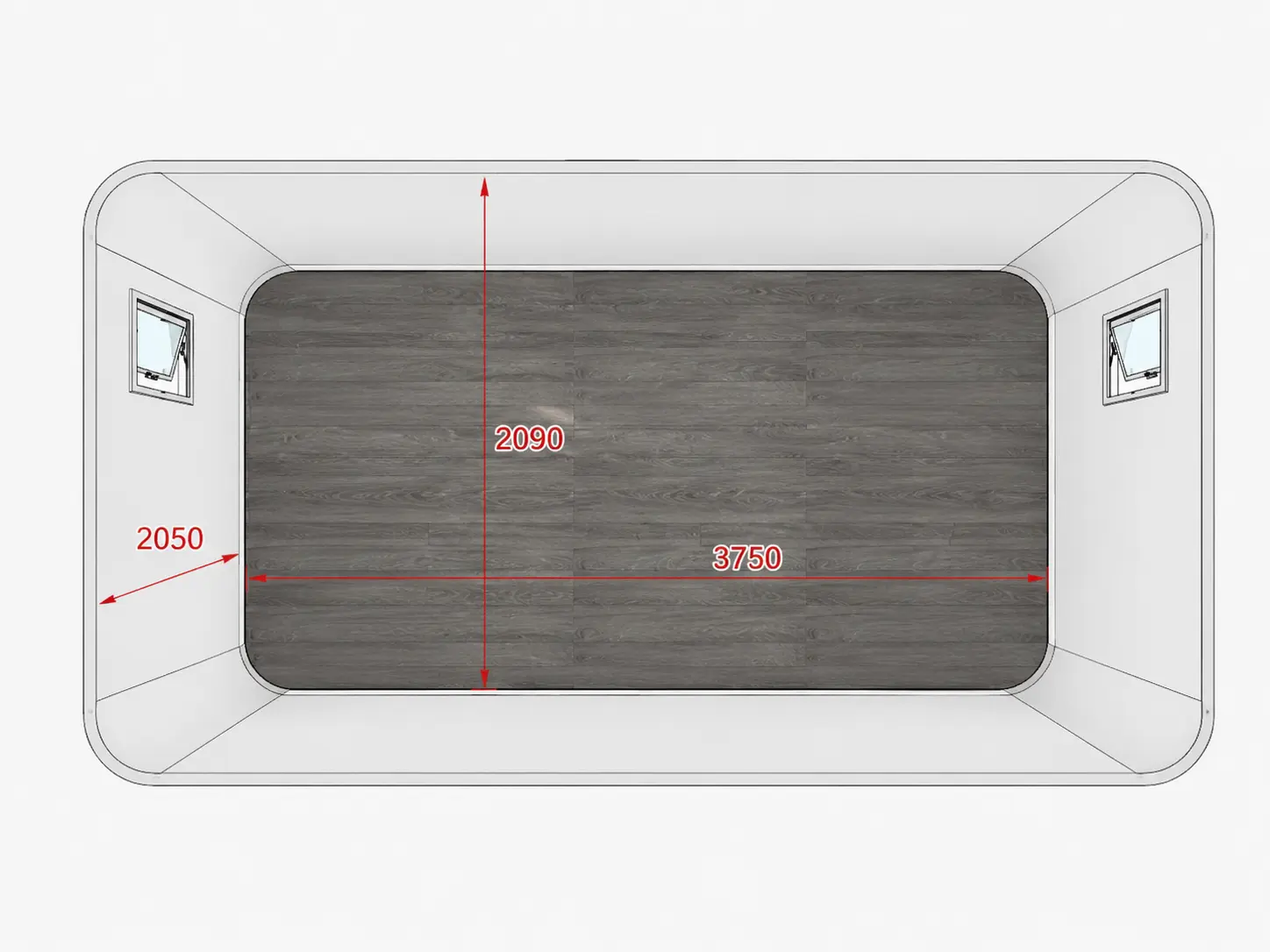 Floor plan of the 4m Backyard Office Pod showing the living space, bathroom and integrated storage