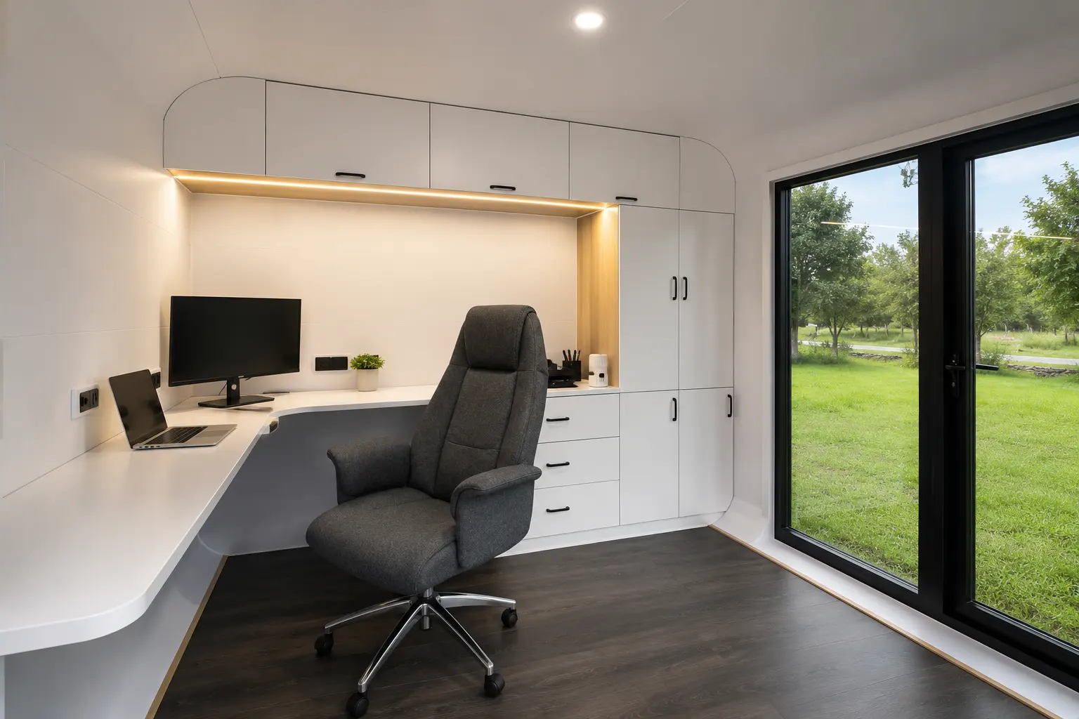 Inside the pod — a built-in desk, integrated cabinetry and an office chair beside full-height glazing