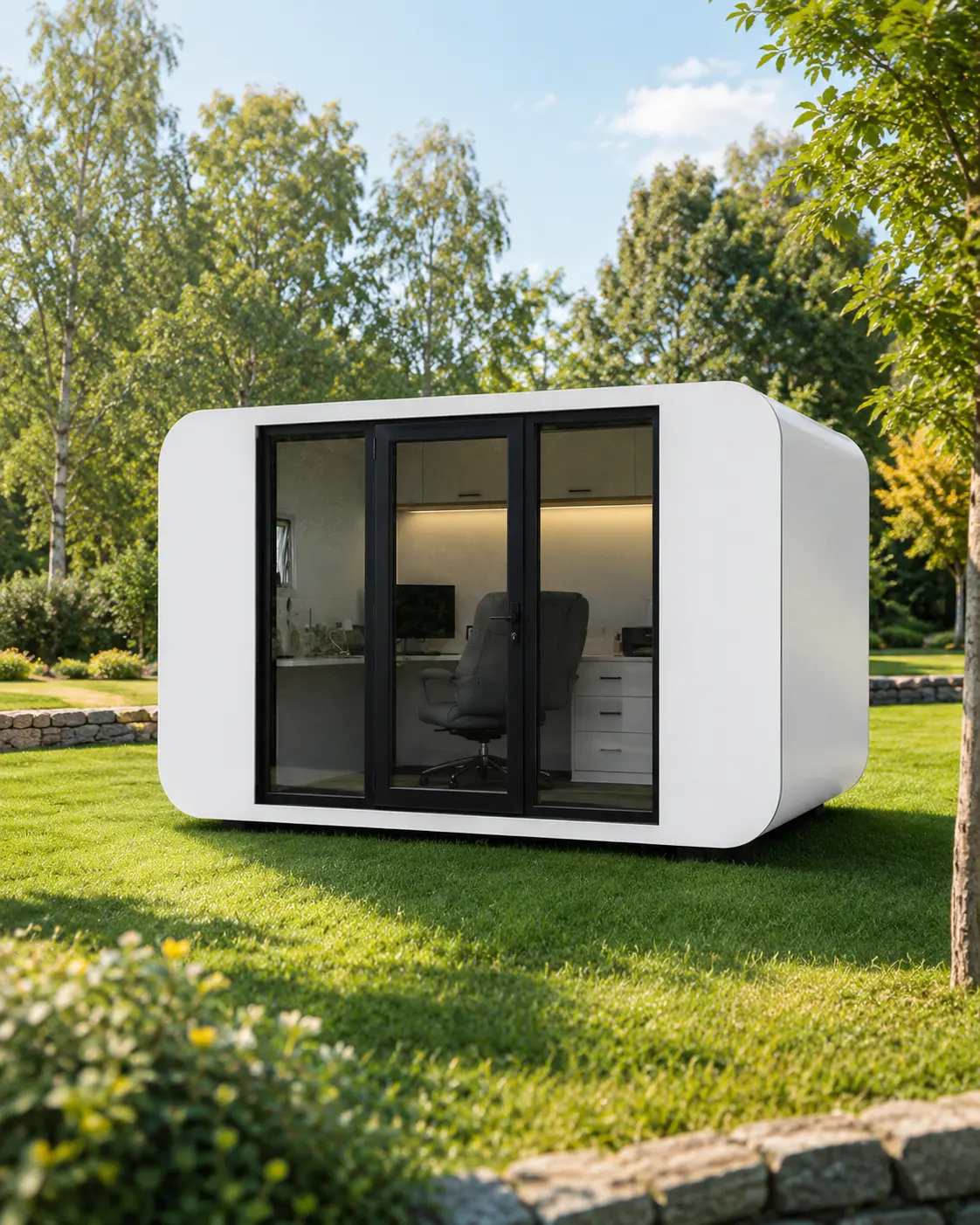 The precise, architectural form of the 4m Backyard Office Pod settled into a garden