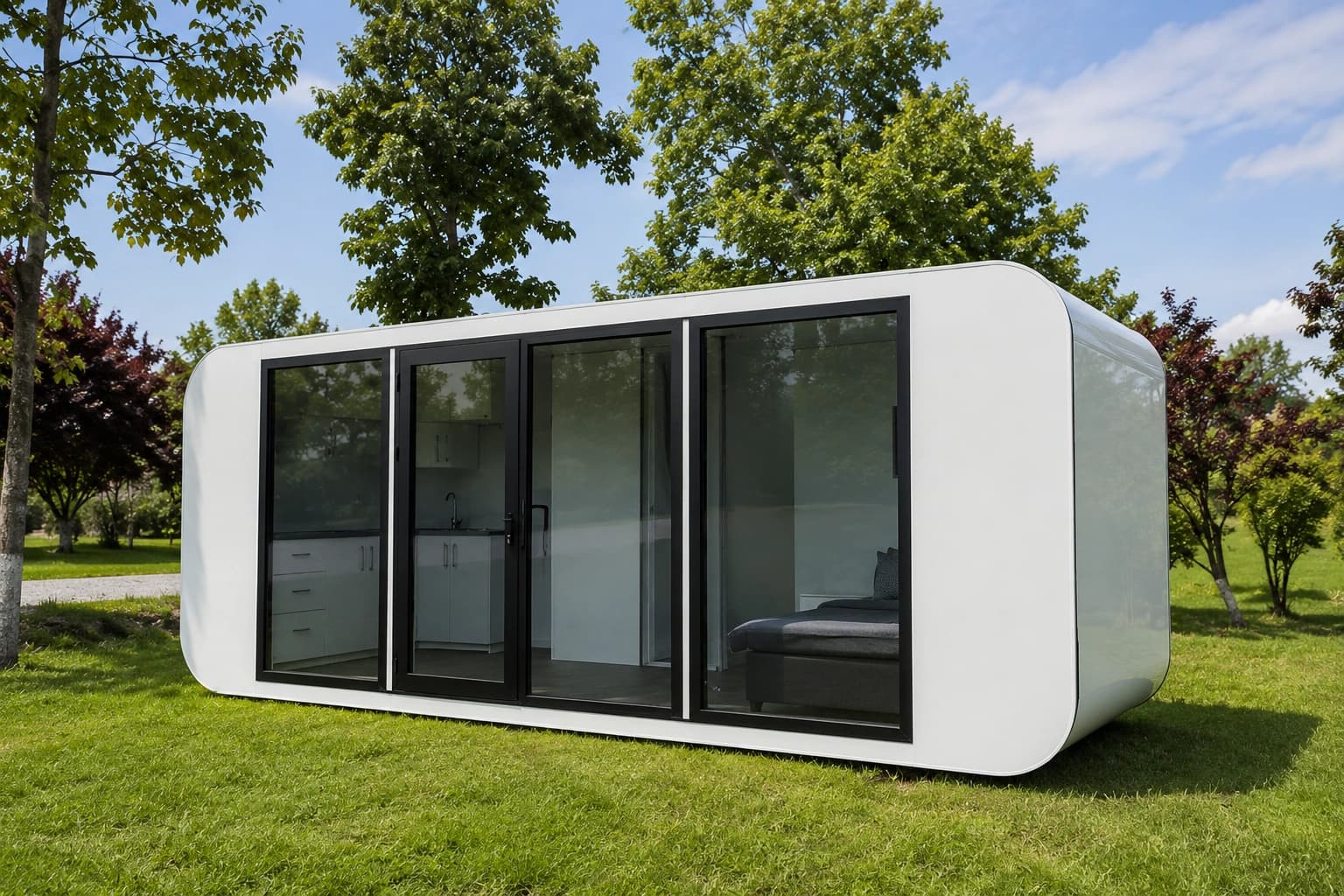 The pod's full-height glazed facade in daylight, framed by garden