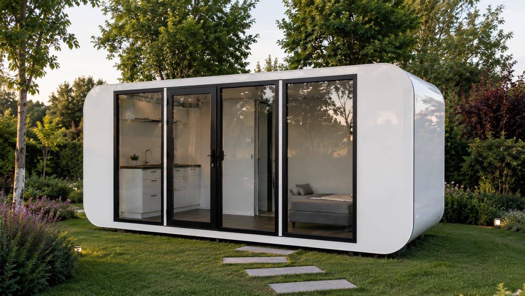 The 6m Backyard Office Pod set on a lawn at dusk, its glazed facade revealing a kitchenette and bedroom