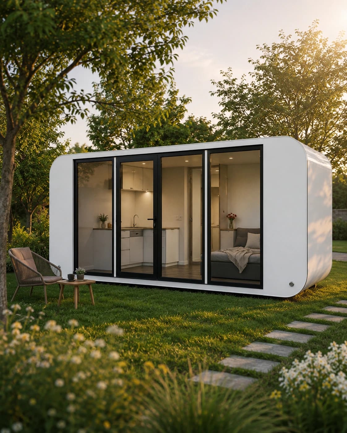 The 6m Backyard Office Pod's calm exterior form, set into a considered garden at golden hour
