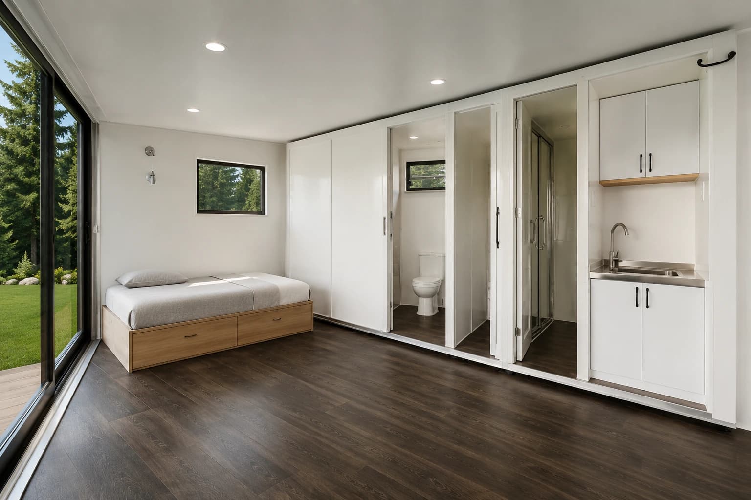 Inside the expanded pod — a bedroom, wardrobe, bathroom and kitchenette along one open wall