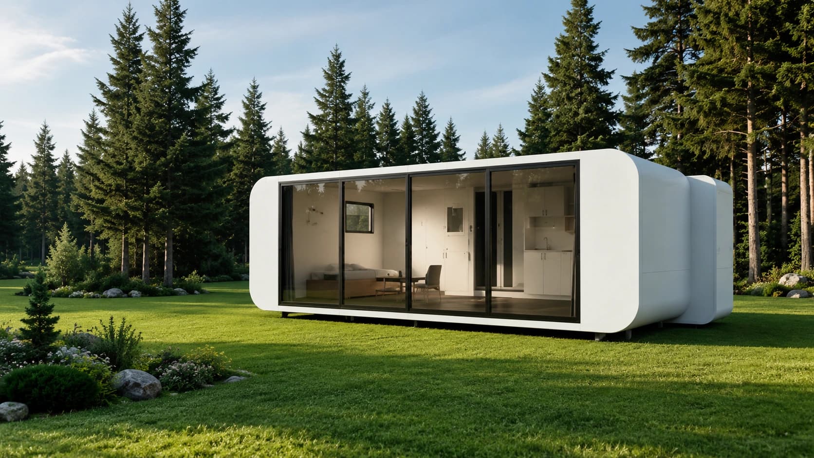 The pod from the garden, its glazed facade set against tall pines