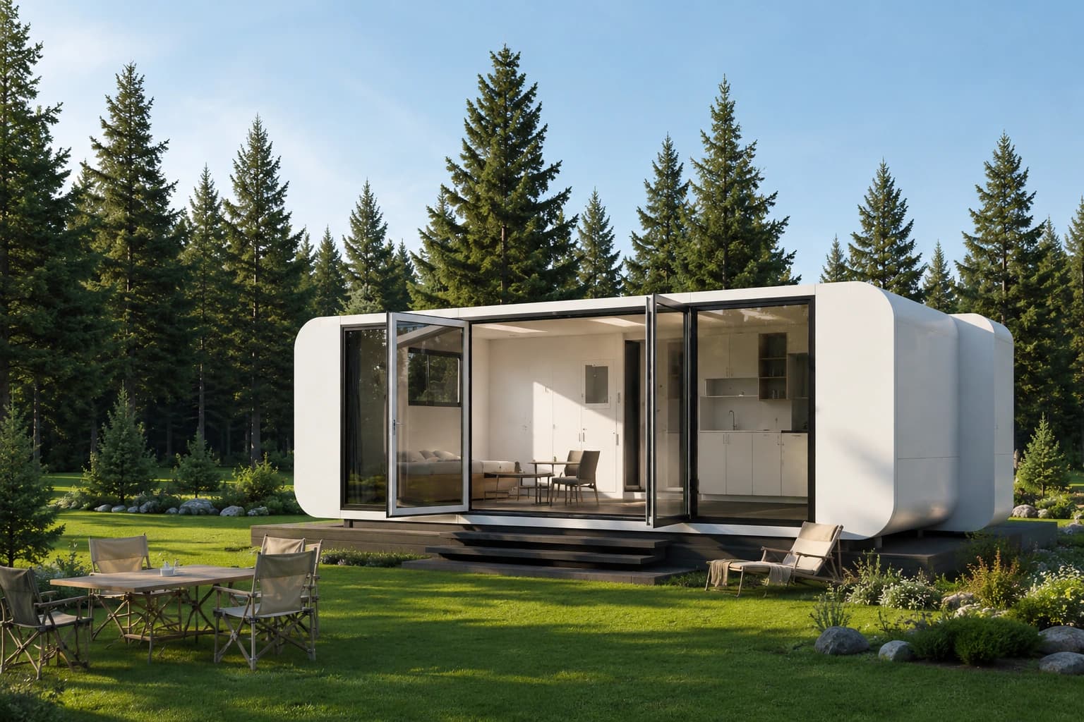 The 6m Push-Out Pod opened on its site, folding glass doors revealing the living space and a deck