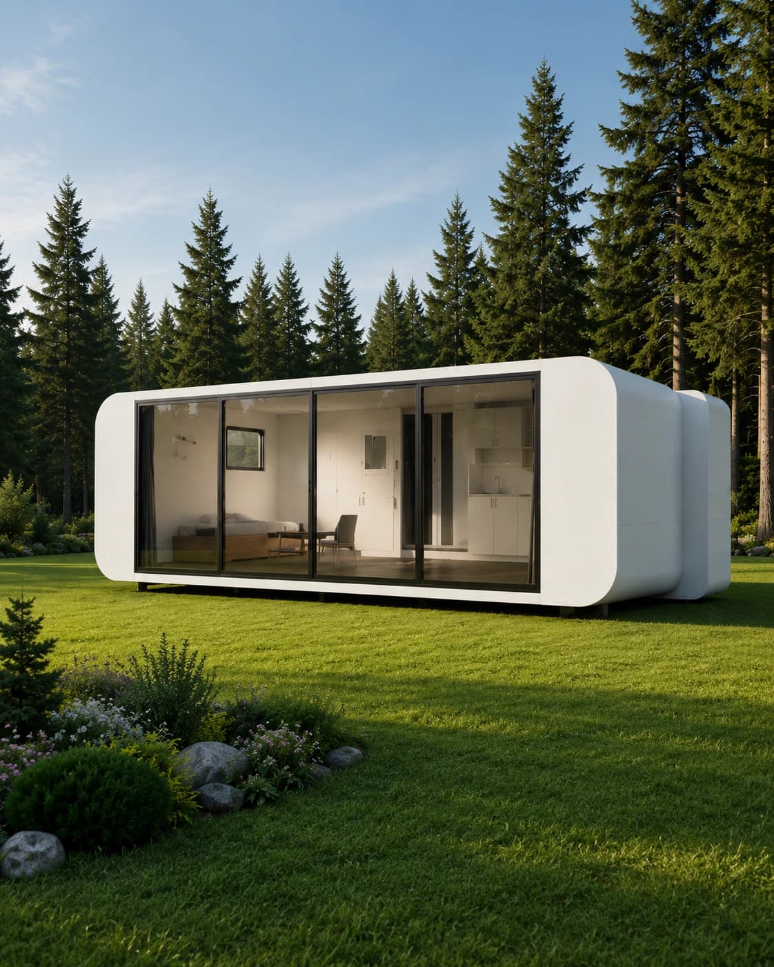 The 6m Push-Out Pod's calm white form against a backdrop of pines