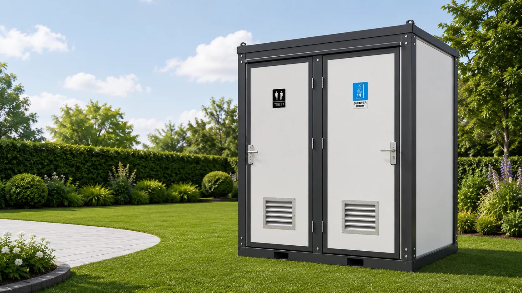 A Portable Toilet & Shower — a dual-door unit with toilet and shower