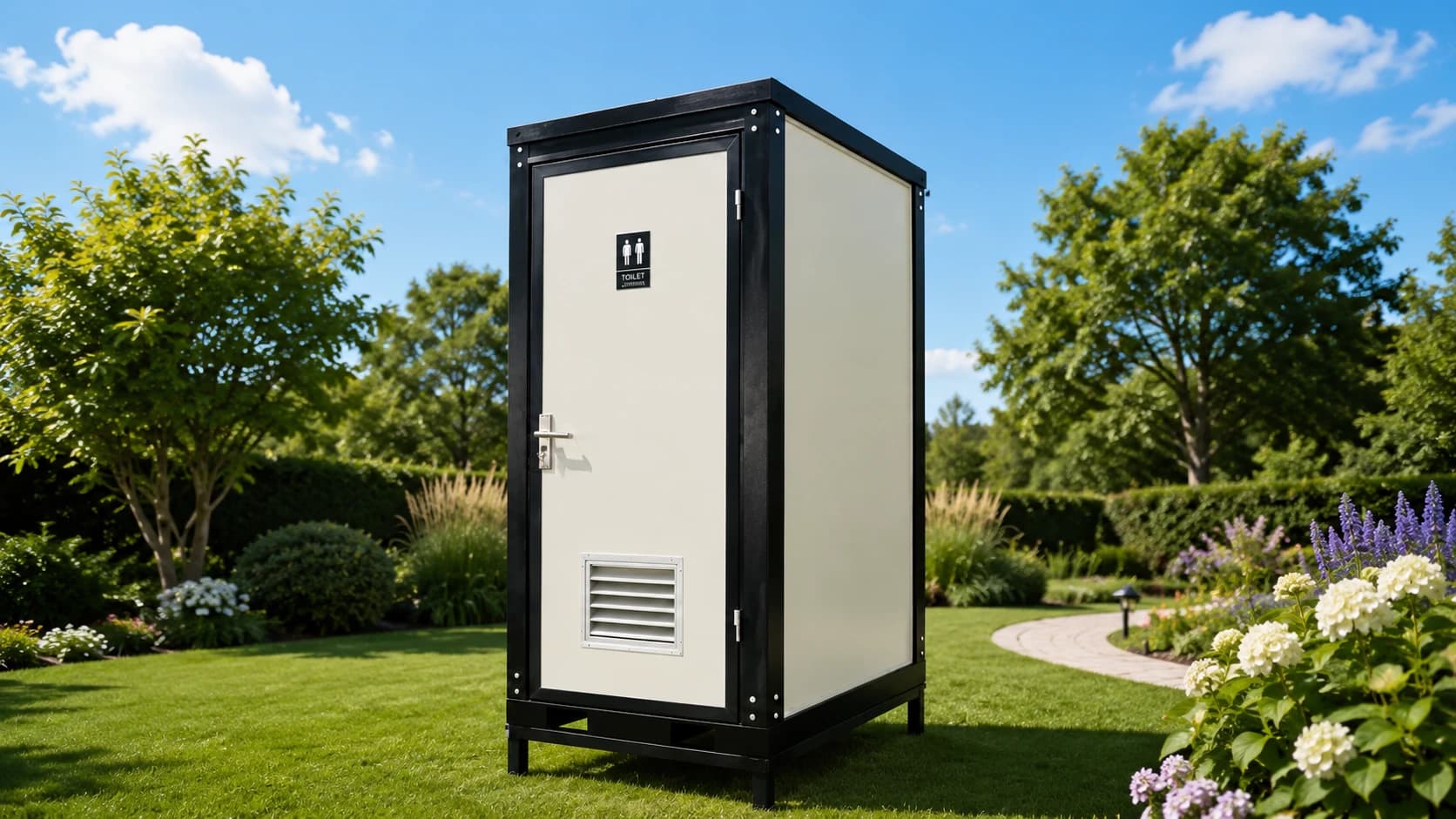 A Single Toilet Block — white panels in a black steel frame