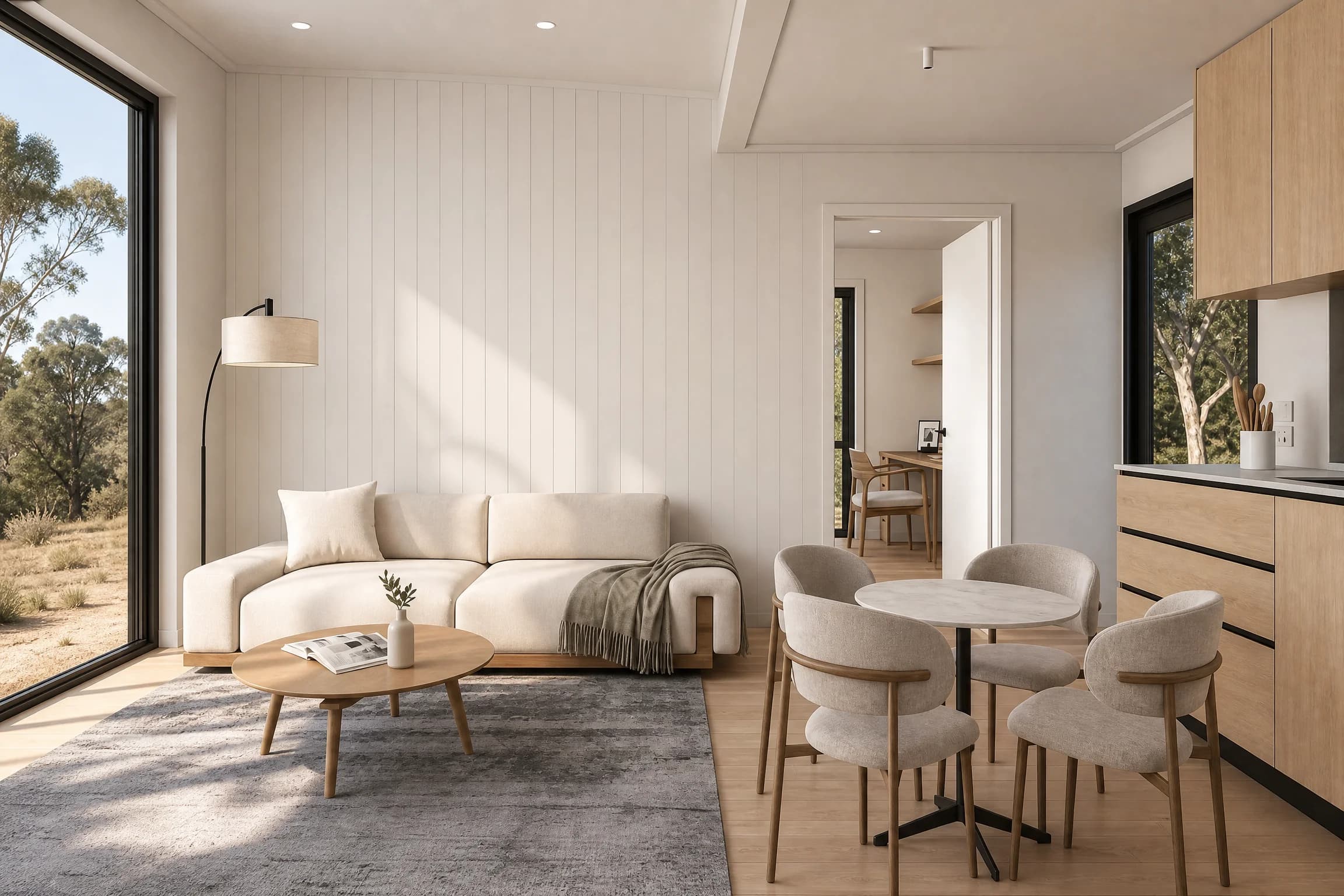 Open living, dining and kitchen with a sofa, round table and a wall of glass to the landscape