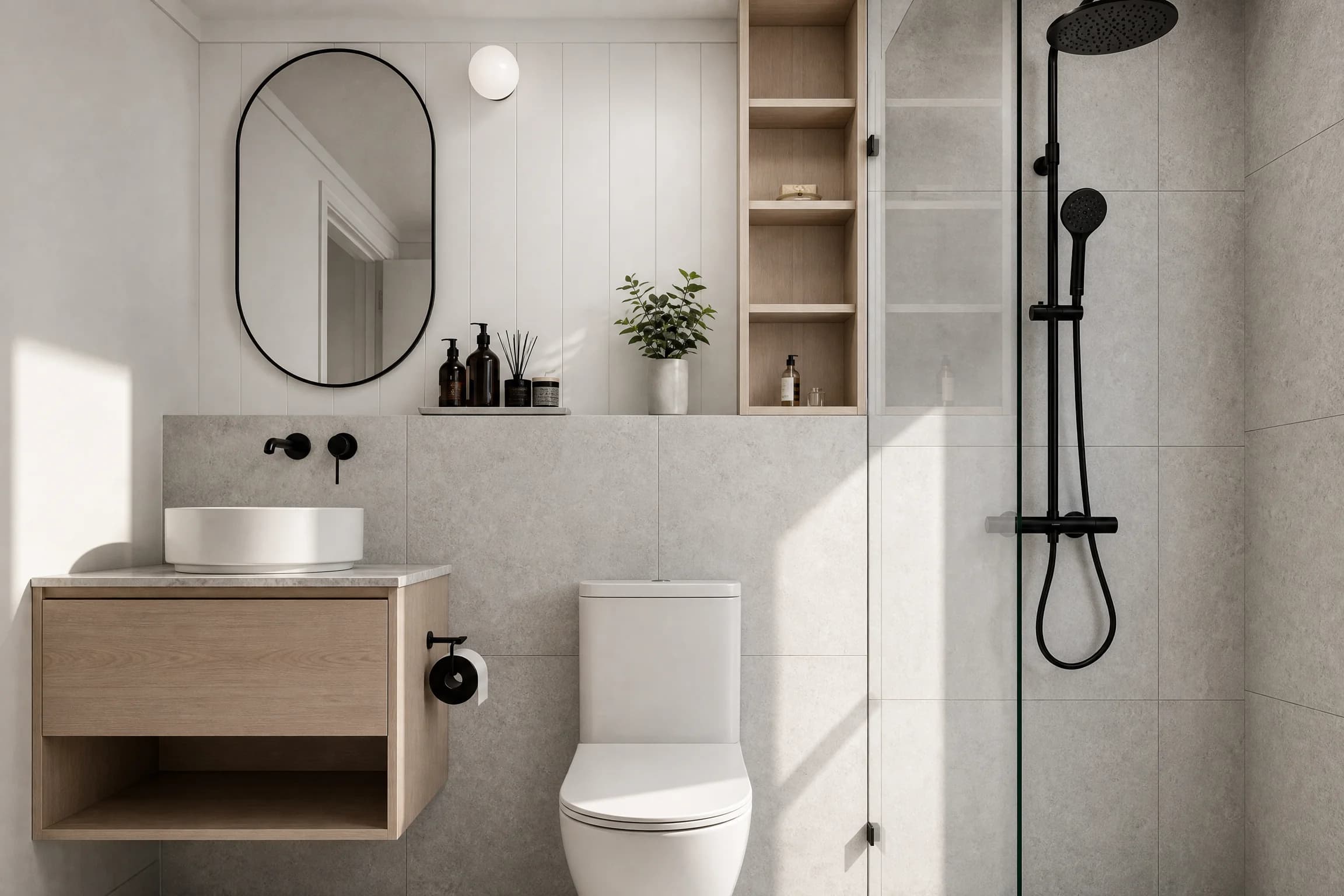 A tiled bathroom with a walk-in shower, timber vanity and round mirror