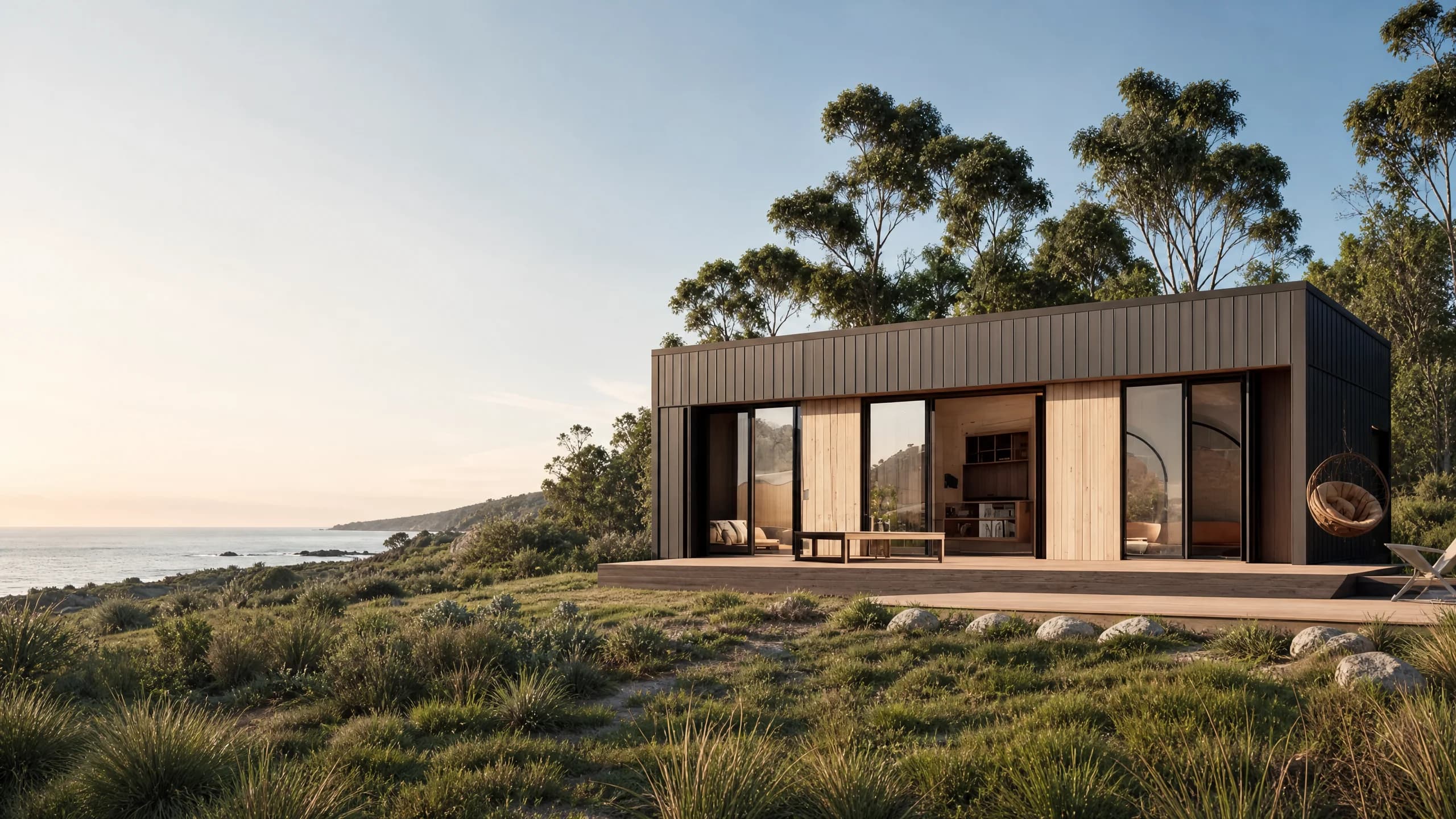 The Meridian on a coastal headland at dusk, opened to the deck and ocean beyond