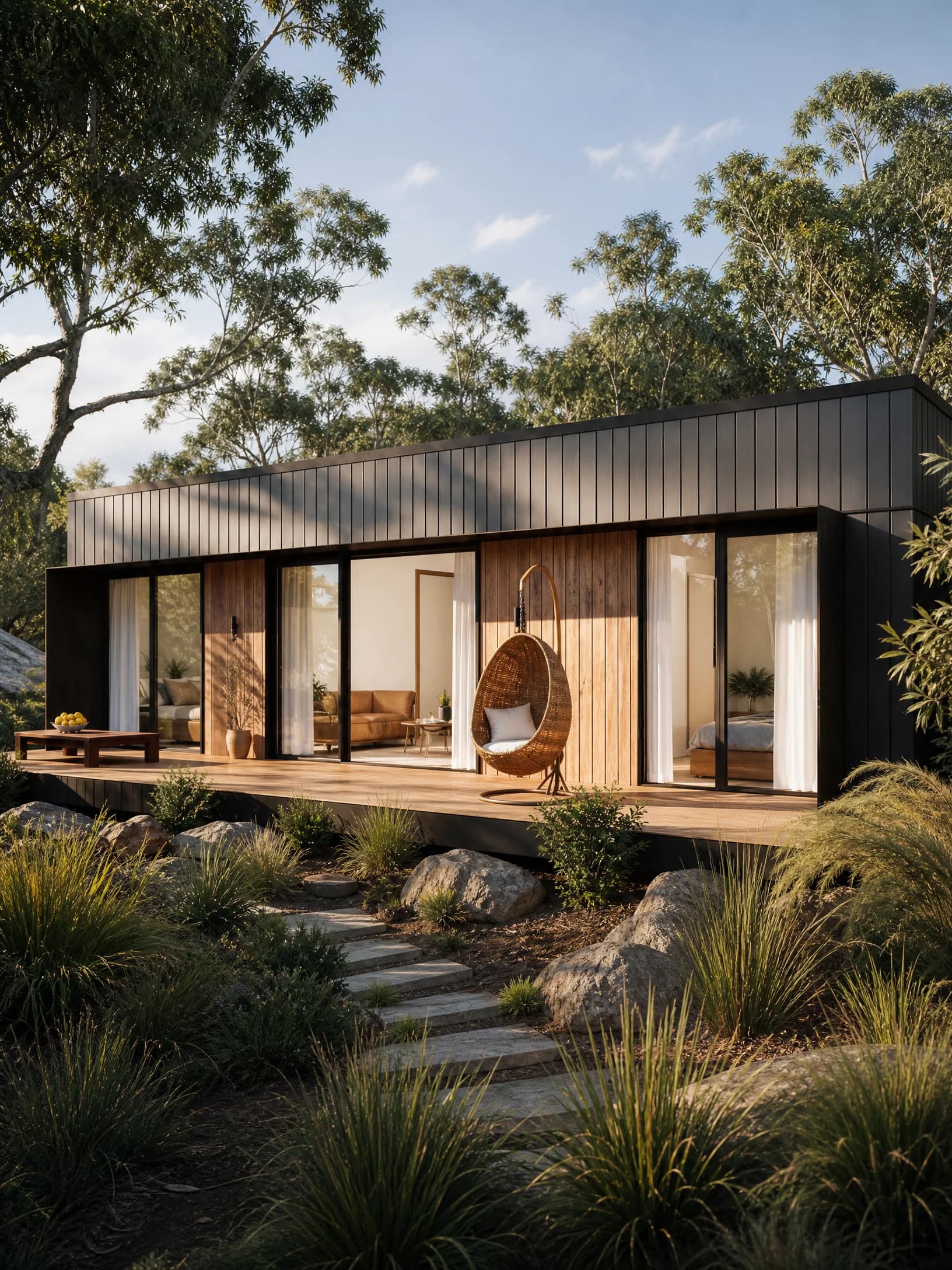 The Meridian nestled into a landscaped garden, with timber soffits, a hanging chair and a stone path